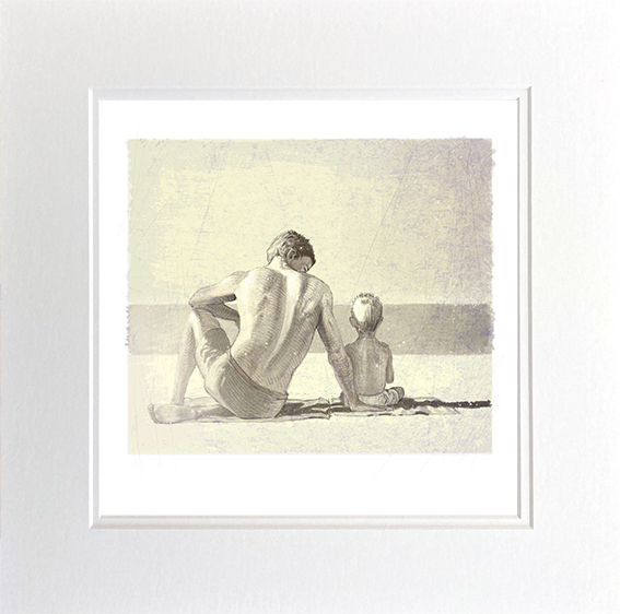 Original artwork by Matt Ottley depicting a father and son sitting on the beach